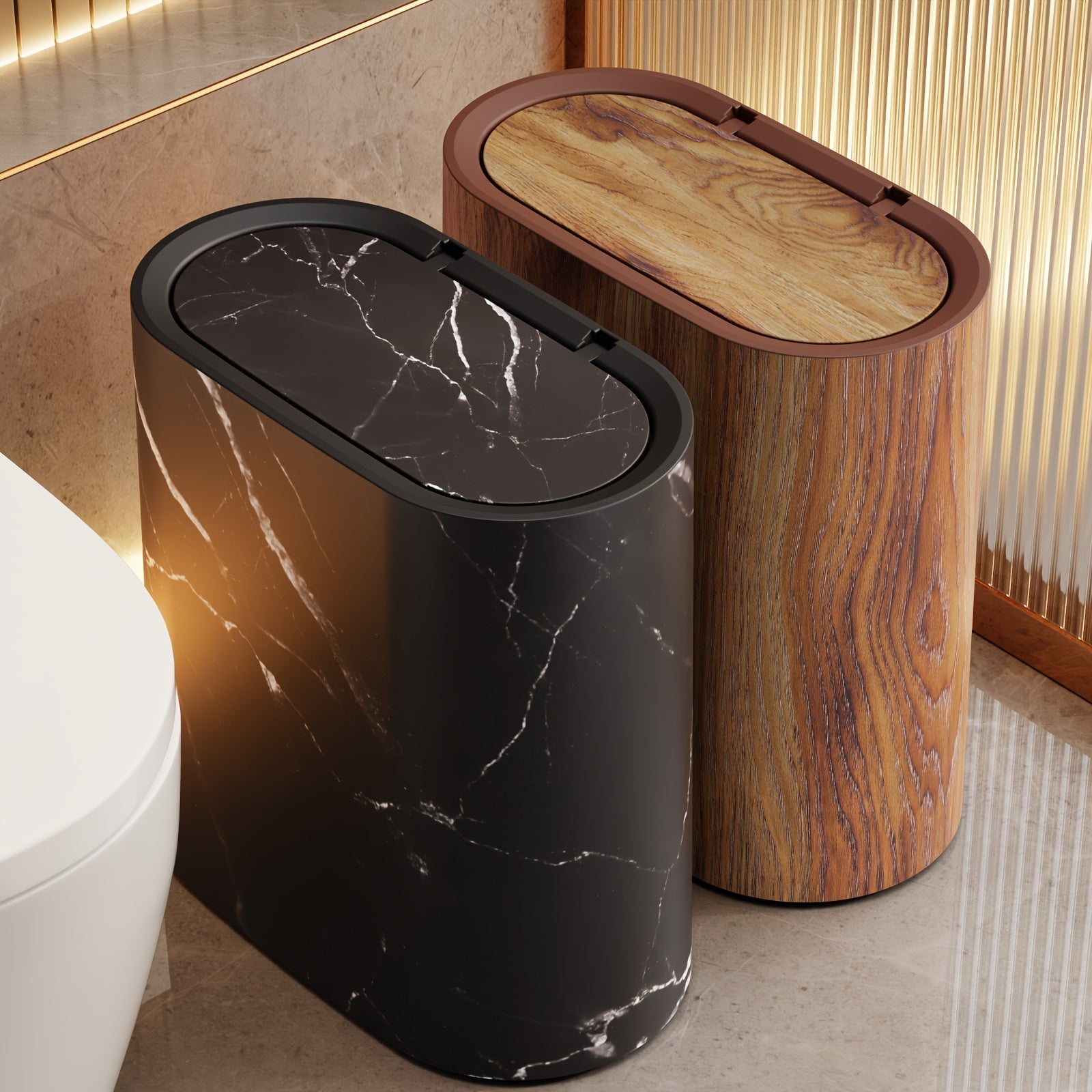 Poubelle Ovale Effet Marbre avec Couvercle 29 cm Salle de Bains Cuisine Compacte Décor Contemporain Élégant | Koossa