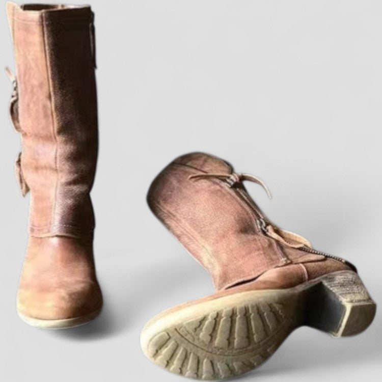 Women's Brown Leather Mid-Calf Western Boots with Low Heel and Side Zip for Everyday Elegance | Koossa