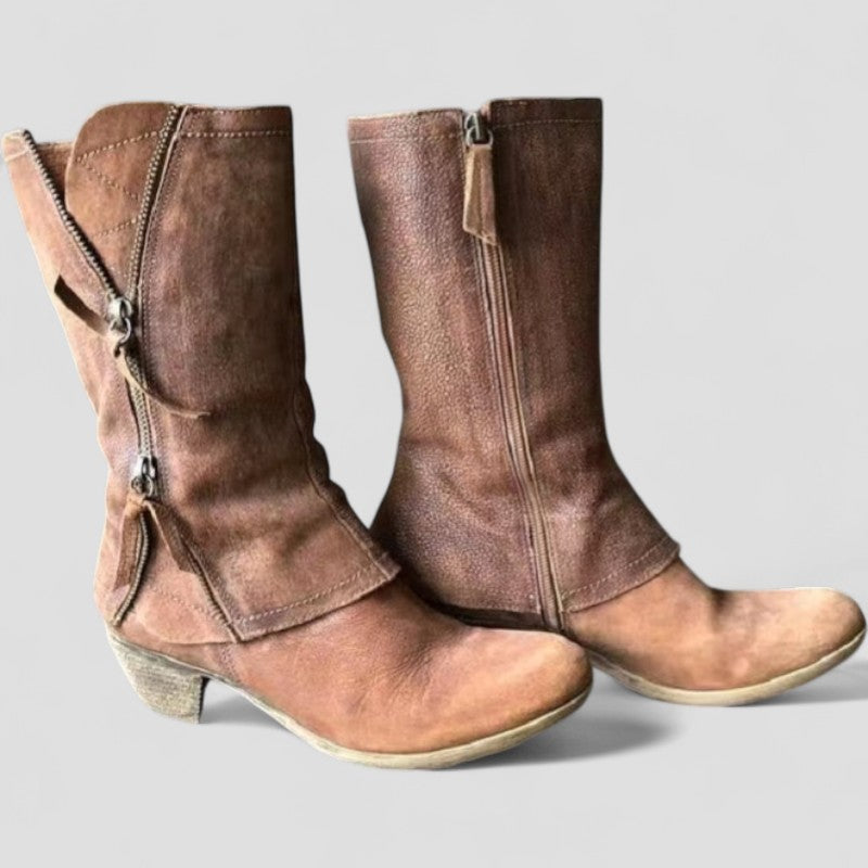 Women's Brown Leather Mid-Calf Western Boots with Low Heel and Side Zip for Everyday Elegance | Koossa