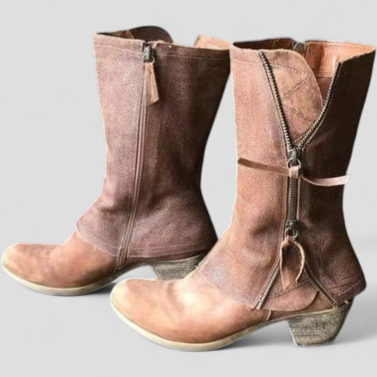 Women's Brown Leather Mid-Calf Western Boots with Low Heel and Side Zip for Everyday Elegance | Koossa
