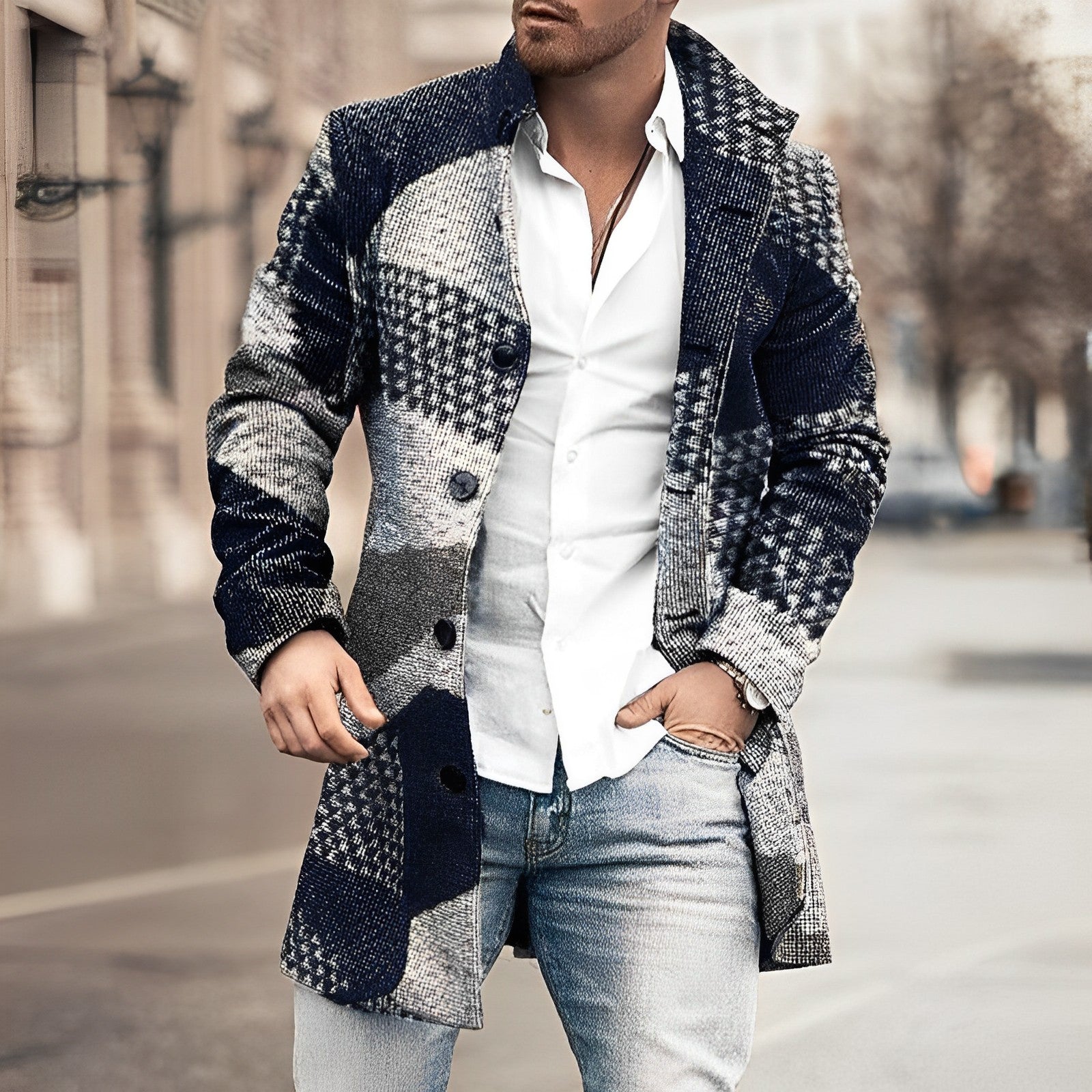 Men's Houndstooth Overcoat in Pure Wool — Tailored Long Coat for Autumn Winter Smart Formal Business Wear | Koossa