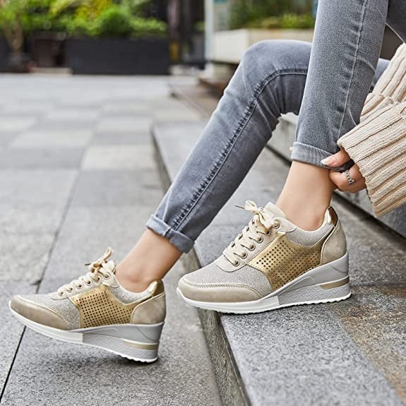 Women's Hidden Wedge Trainers with Lace-Up Detail in Gold, Grey, Black and Leopard Print for Everyday Elegance and Elevated Comfort | Koossa
