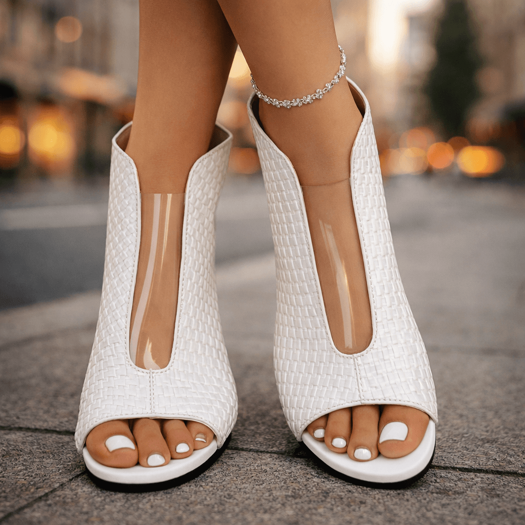 Women's Open-Toe Woven Heels with Sculptural Geometric Block Heel in Silver, Gold, White & Black – Elegant Evening Sandals | Koossa