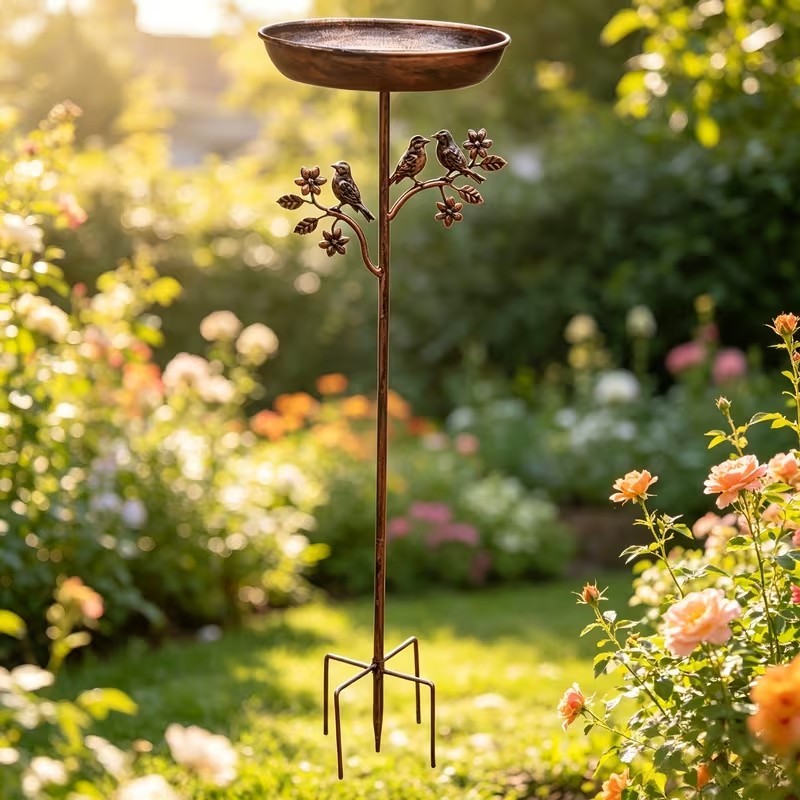 Metal Bird Bath with Garden Stake, 9.5 in Copper-Tone Outdoor Birdbath Bowl for Songbirds, Yard, Patio & Lawn, Easy Assembly | Lonoma