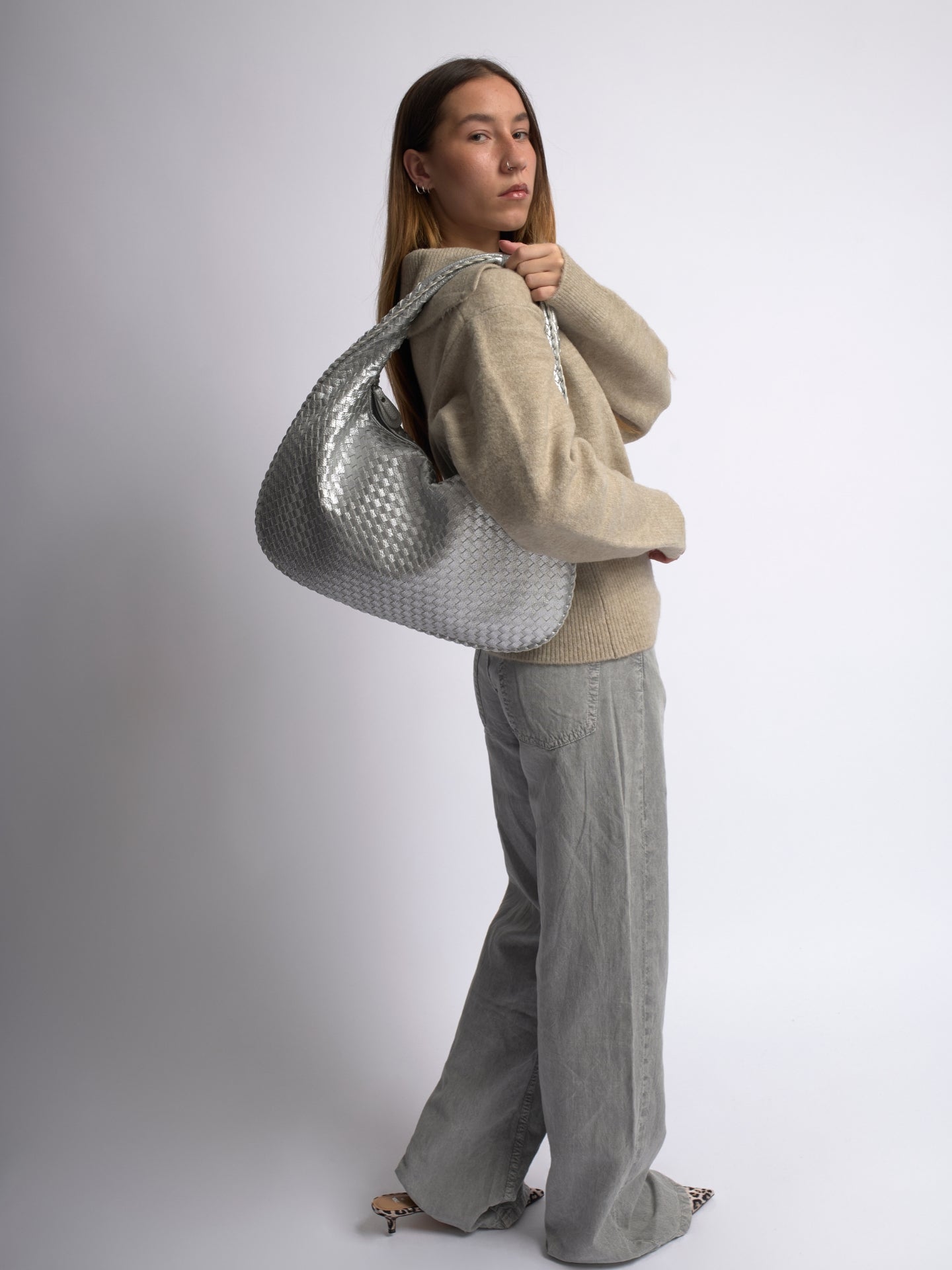 Woven Leather Hobo Bag with Soft Structure in Black, Wine Red, Sage Green & More | Koossa