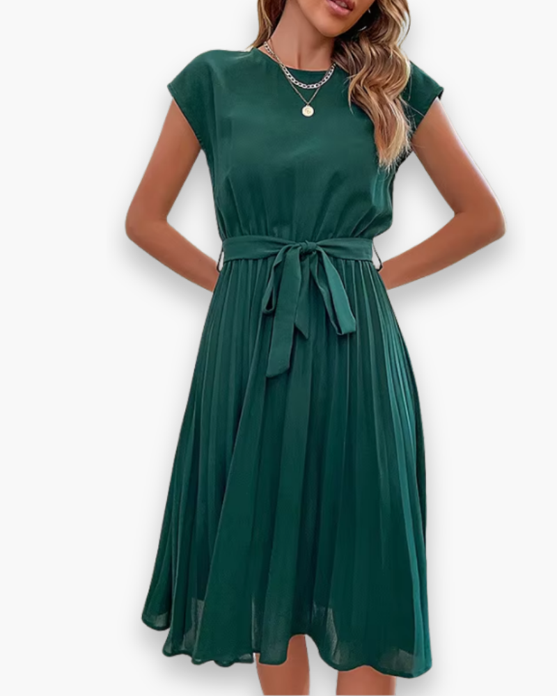 Women's Pleated Midi Dress with Bow Detail — Elegant Occasion Dress for Weddings & Special Events | Koossa