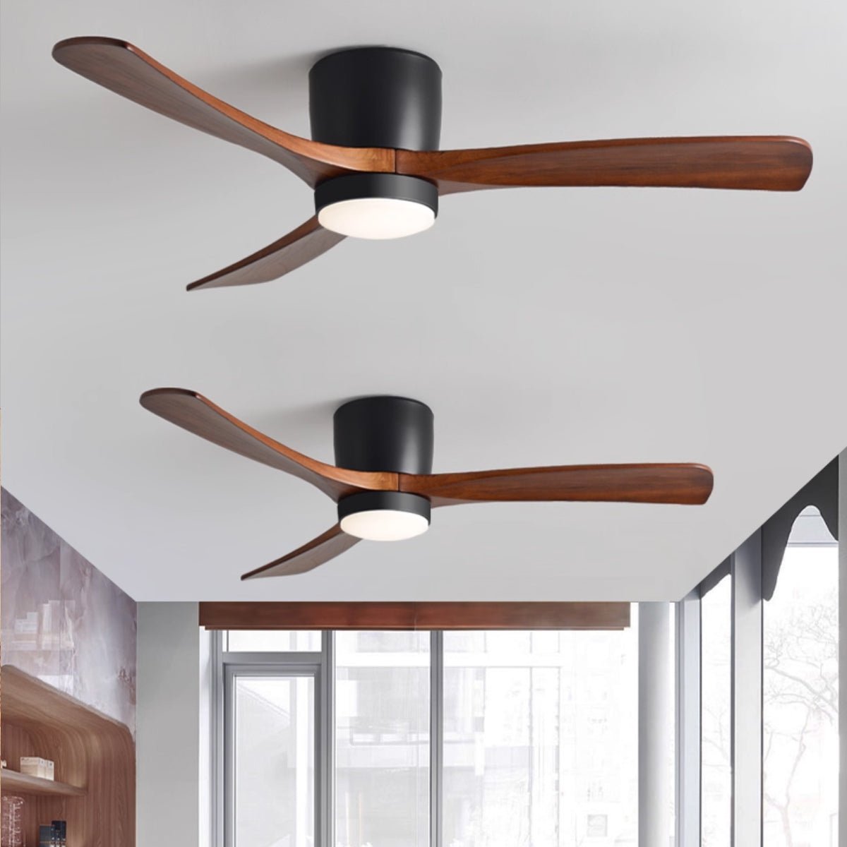 Ventilateur de plafond lumineux lames bois naturel design nordique silencieux économe chambre salon moderne | Koossa