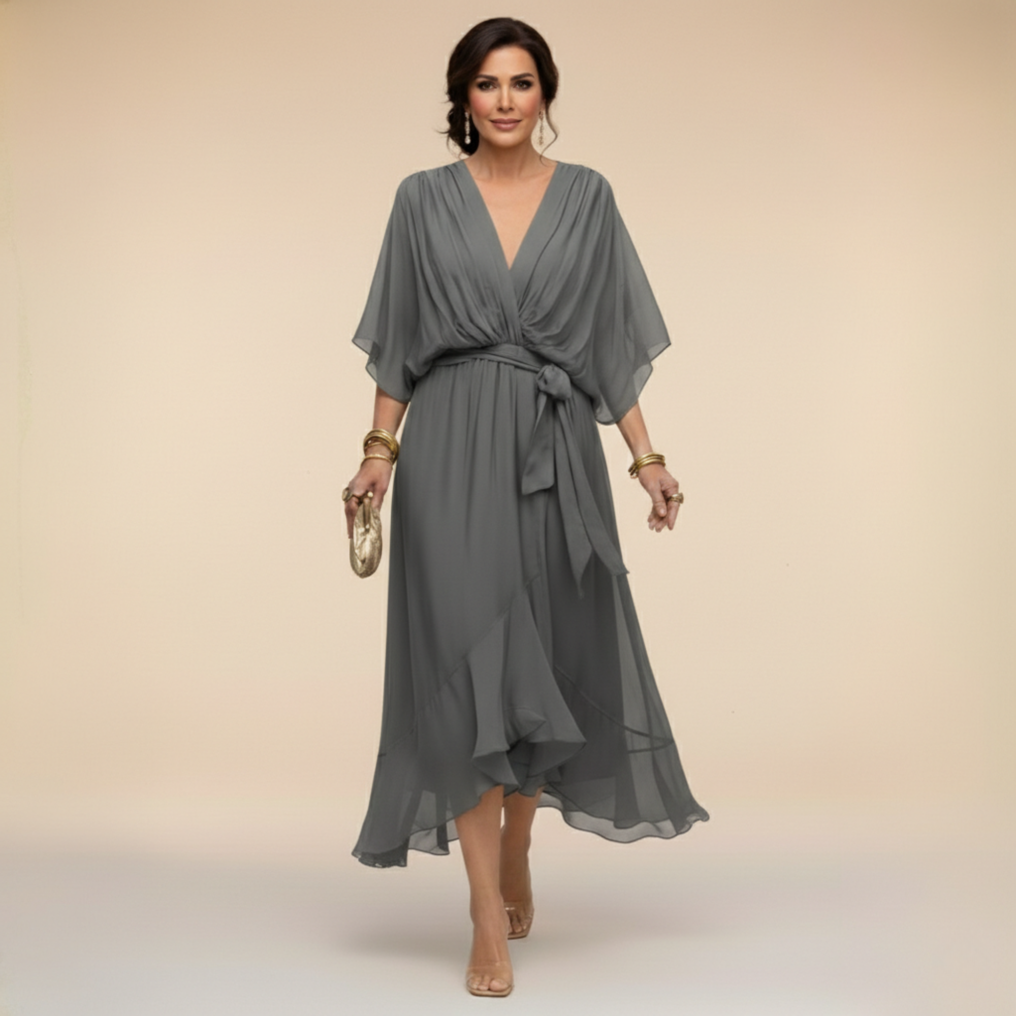 Women's V-Neck Layered Fringe Dress in Black | Flowing Textured Evening Party Dress with Statement Sleeves | Koossa