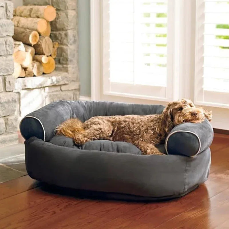 Dog Bed Orthopaedic Calming Raised Edges Washable Cover Sofa Style Grey Navy Cream Anti-Anxiety Nest Cushion Pet Couch | Koossa