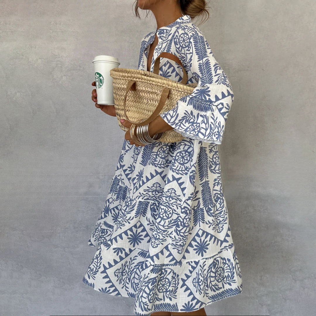 Women's Bohemian Patterned Mini Dress with Long Sleeves in Blue – Relaxed Day Dress for Spring Summer Occasions | Koossa