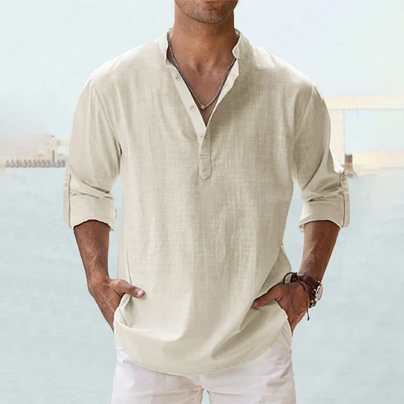 Men's Long Sleeve Grandad Collar Shirt in Washed Cotton | Classic Henley Button Placket Casual Relaxed Fit Heritage Style Timeless Weekend Shirt | Koossa