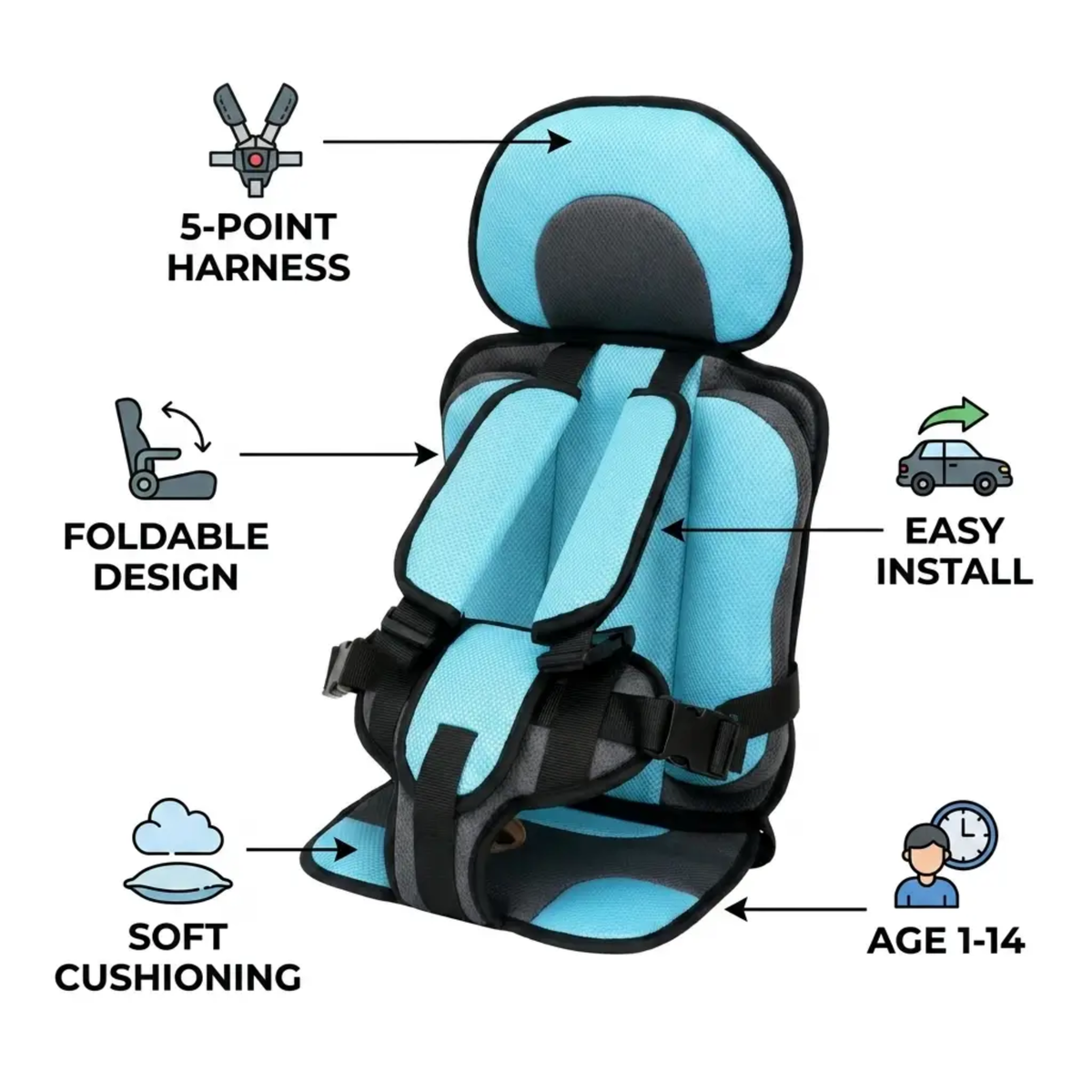 Collapsible Travel Booster Seat with 5-Point Harness for Kids Ages 1-14, Portable Folding Car Seat for Rideshares, Rentals & Road Trips | Lonoma
