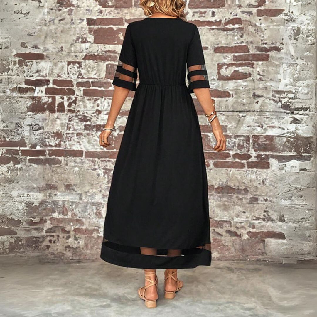 Women's Sheer Sleeve Flowing Maxi Dress in Black, Red & Green | Relaxed Fit A-Line Floor-Length Gown for Special Occasions, Garden Parties & Summer Evenings | Koossa