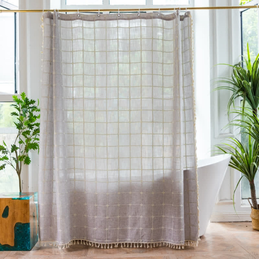 Rideau de Douche Carreaux Coton Lin à Franges Hydrofuge Lavable Machine Cabine Standard XXL Salle de Bains | Koossa