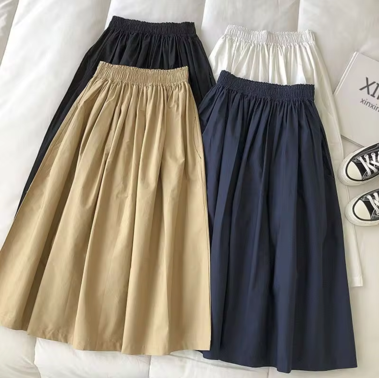Women's High-Waisted Pleated Midi Skirt in Khaki, Black & Navy — Elegant A-Line Skirt for Work & Occasions | Koossa