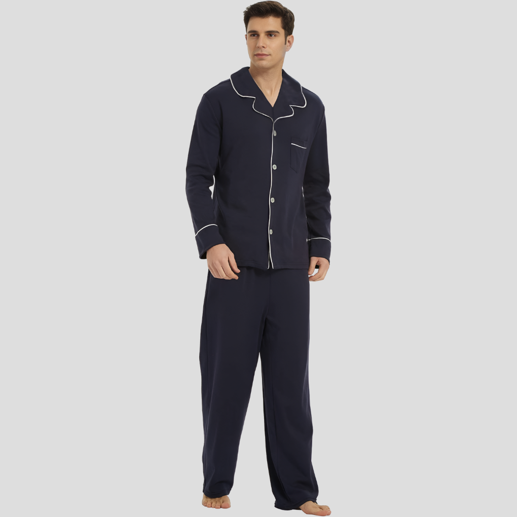 Men's Classic Long-Sleeved Cotton Pyjama Set in Timeless Colours | Traditional Button-Front Nightwear for Year-Round Comfort | Koossa