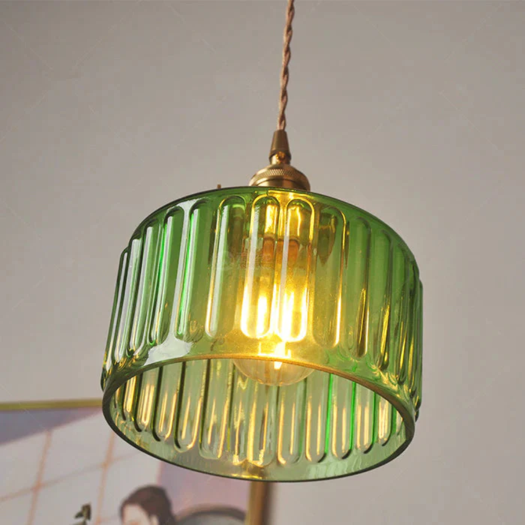 Adjustable Pendant Light with Ribbed Glass Shade, E27 Socket, Green Brass Finish for Kitchen Island, Dining Room & Breakfast Bar | Lonoma