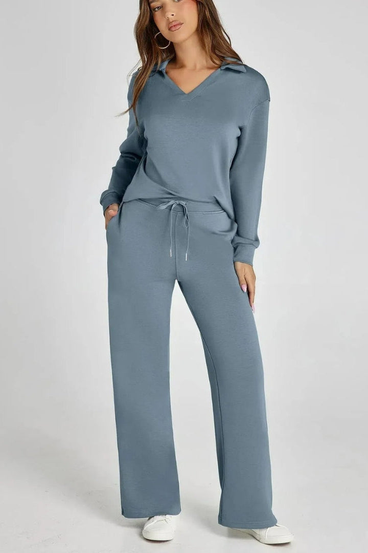 Women's Two-Piece Lounge Set V-Neck Collared Top Wide-Leg Trousers Drawstring Waist Relaxed Fit Comfortable Loungewear Casual Weekend Wear Timeless Minimalist Style | Koossa
