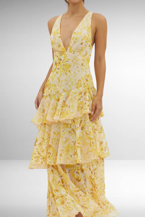 Tiered Maxi Dress with Open Back and Flowing Skirt in Green, Purple, Pink, Red, Yellow | Koossa