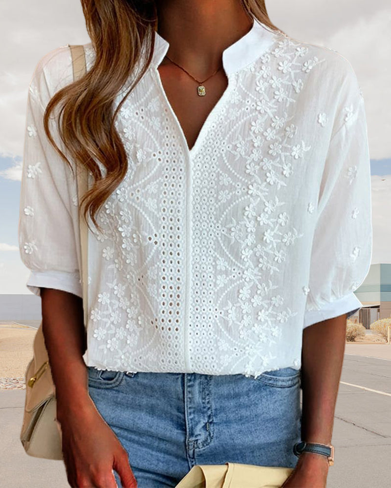 Women's V-Neck Blouse with Puff Sleeves and Embroidered Detailing in White | Koossa