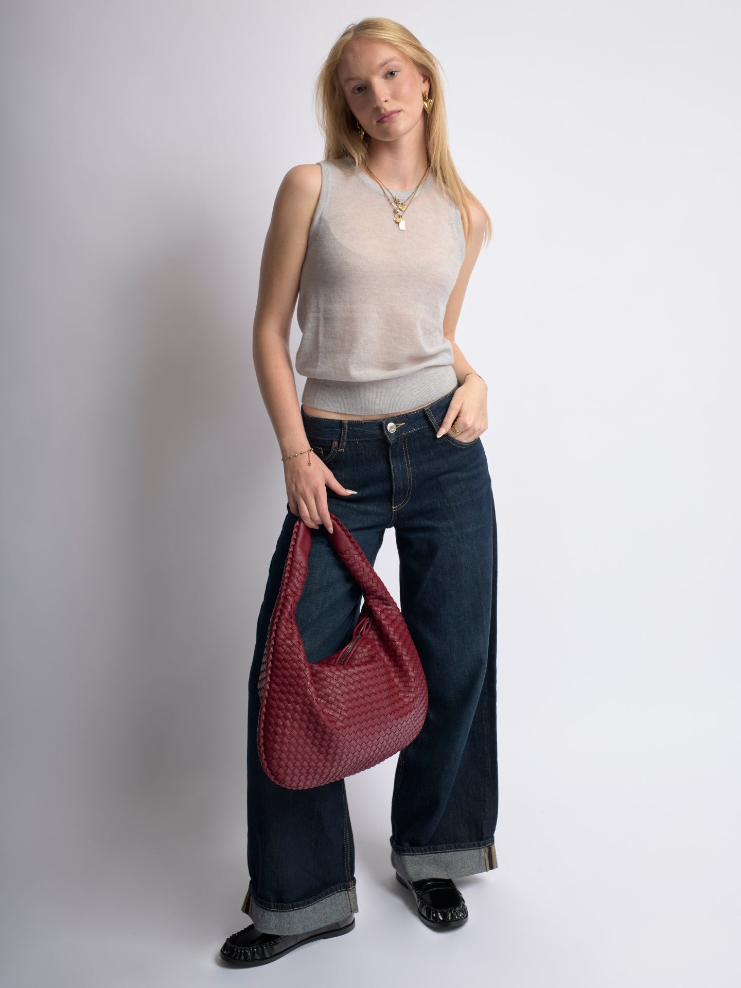 Woven Leather Hobo Bag with Soft Structure in Black, Wine Red, Sage Green & More | Koossa