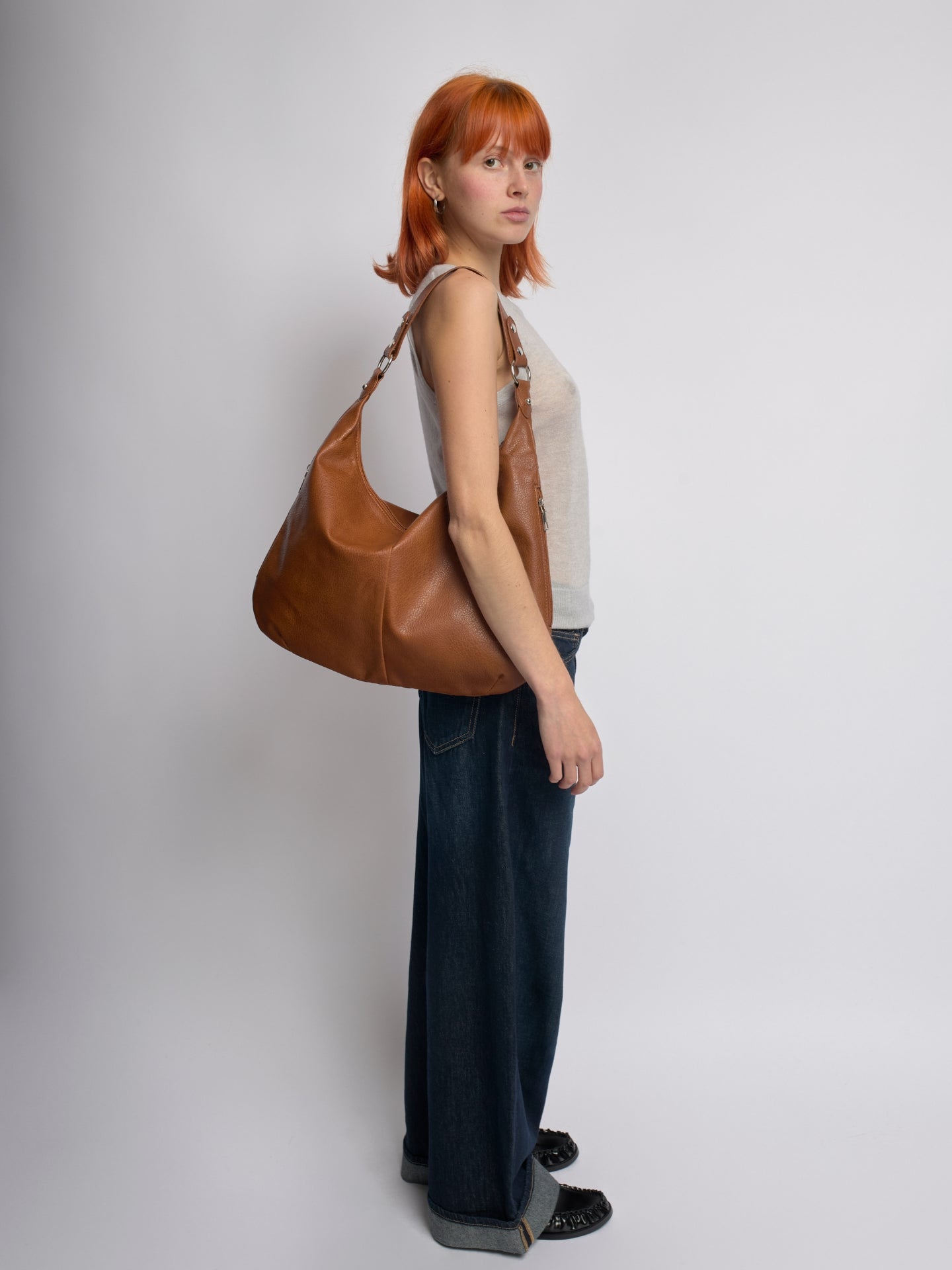 Slouchy Hobo Bag in Vegan Leather with Metal Ring Details – Spacious Everyday Shoulder Bag with Zip Compartments | Koossa