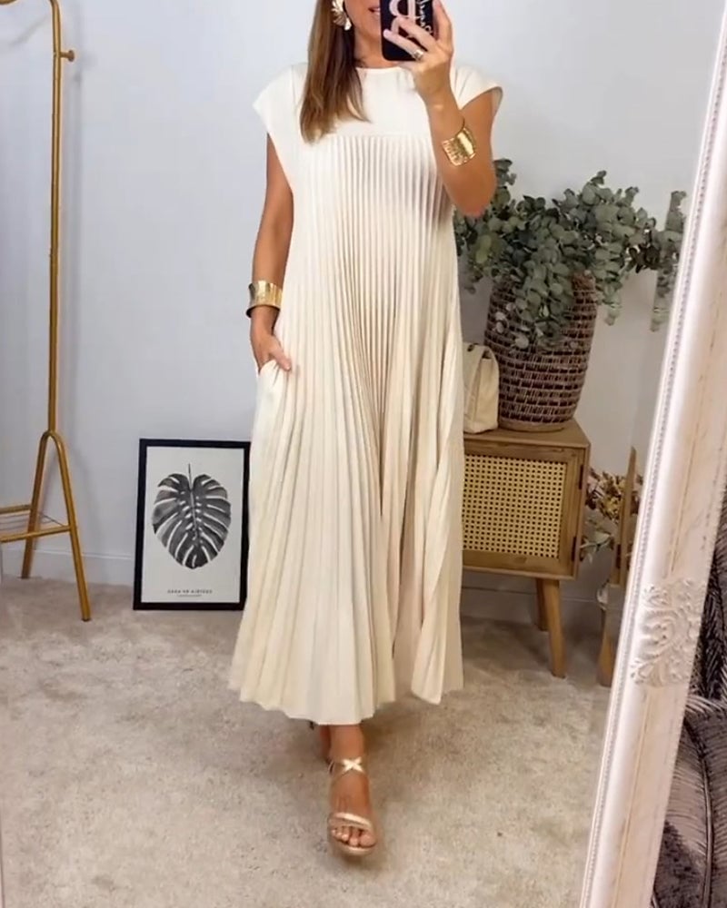 Women's Sleeveless Pleated Midi Dress in Soft Jersey Fabric for Daywear & Evenings | Koossa