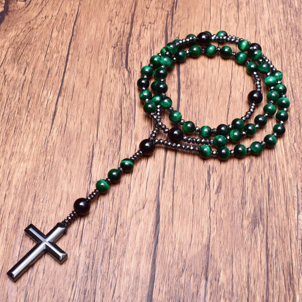 Natural Stone Rosary Necklace with Cross Pendant for Men – Tiger Eye, Lapis Lazuli, Jasper – Adjustable Length Beaded Chain | Lonoma