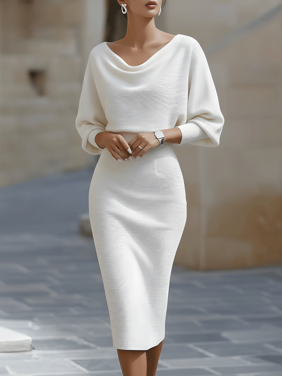 Women's Draped Cowl Neck Midi Dress with Batwing Sleeves in White | Elegant Fitted Pencil Skirt Dress for Cocktails Dinners Formal Occasions All-Year Sophisticated Classic Feminine Hourglass Silhouette | Koossa