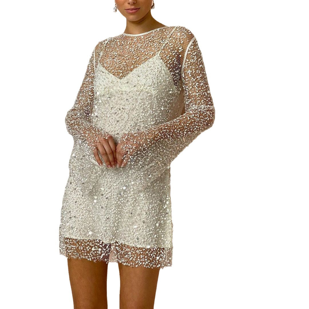 Women's Embellished Mesh Two-Piece Midi Dress — Sheer Pearl Beaded Evening Dress for Parties & Celebrations | Koossa