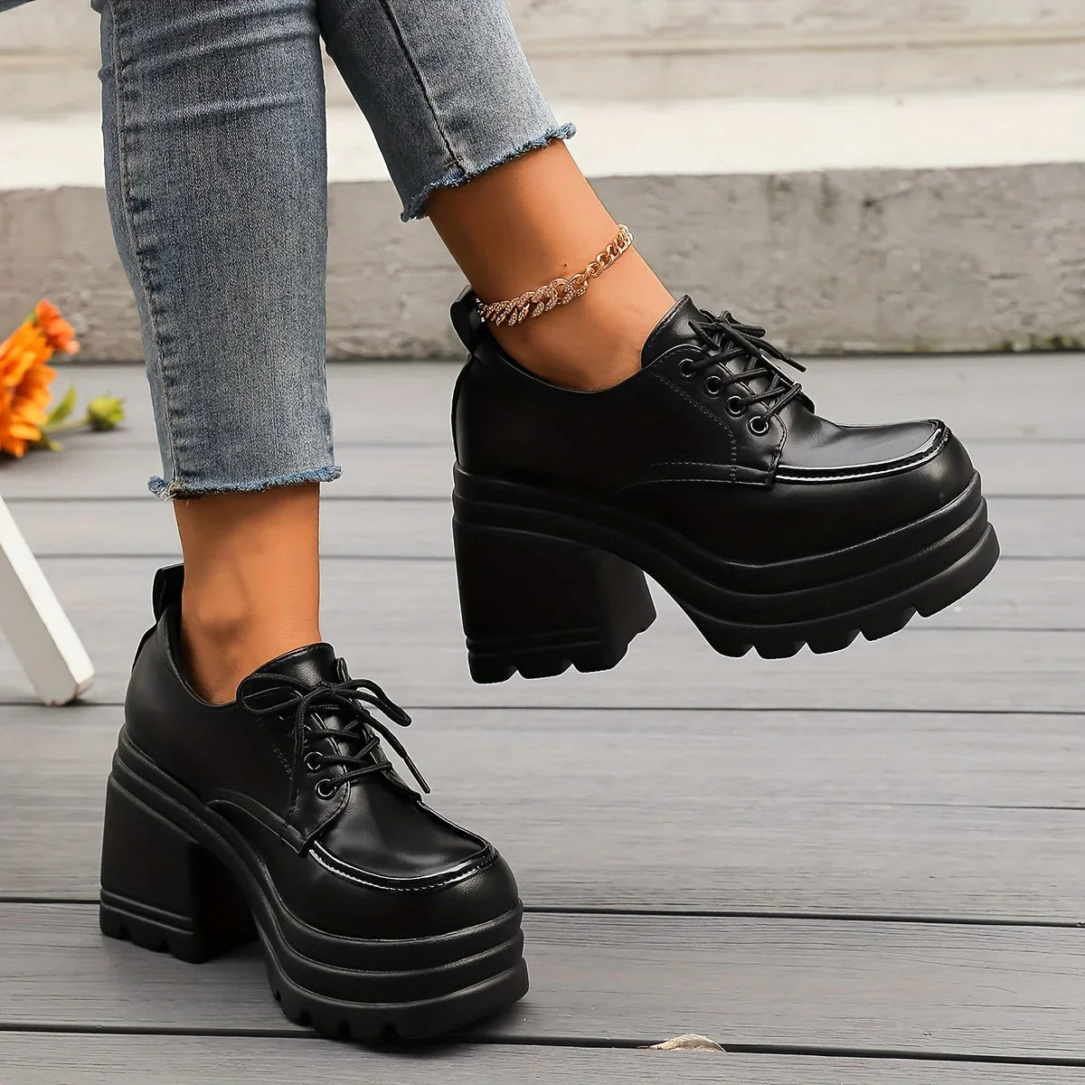 Women's Platform Block Heel Lace-Up Ankle Boots in Black and Brown – Retro-Inspired Statement Footwear for Elevated Everyday Style | Koossa