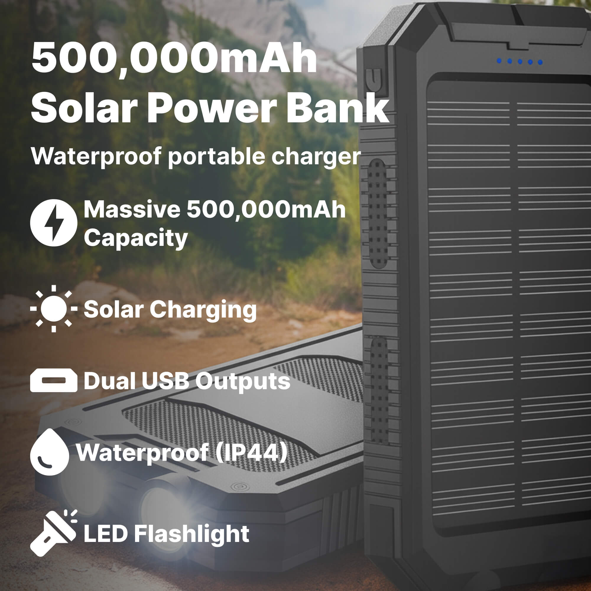 Batterie Externe Solaire 500000mAh Étanche Double USB avec Lampe LED pour Camping Randonnée Urgences Plein Air | Koossa