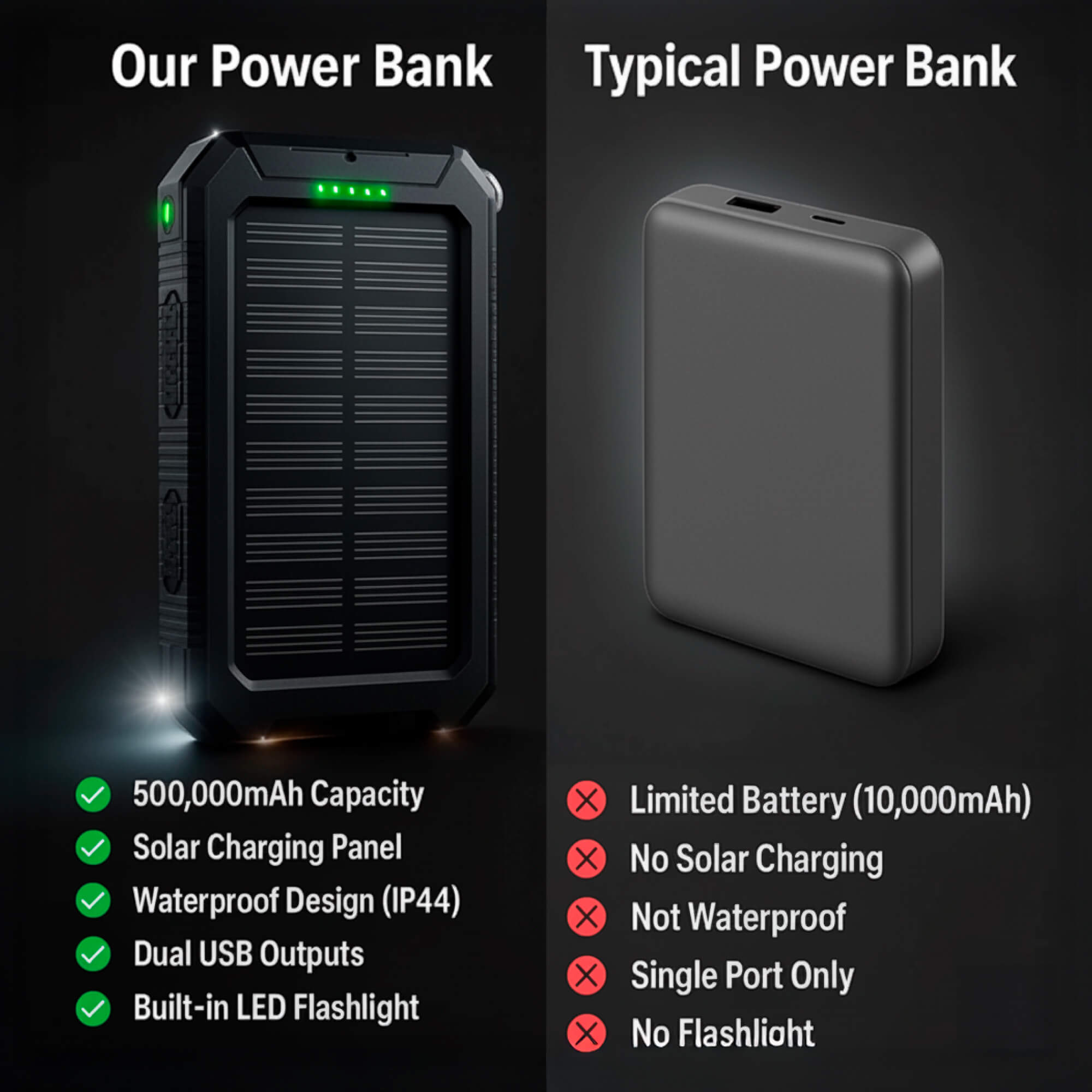 Batterie Externe Solaire 500000mAh Étanche Double USB avec Lampe LED pour Camping Randonnée Urgences Plein Air | Koossa