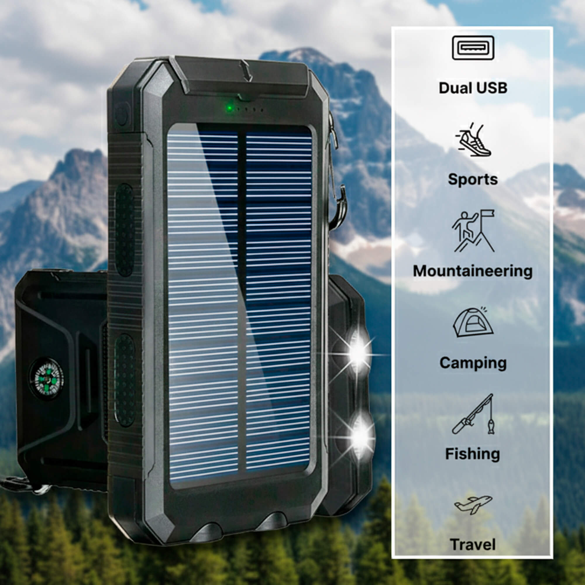 Batterie Externe Solaire 500000mAh Étanche Double USB avec Lampe LED pour Camping Randonnée Urgences Plein Air | Koossa