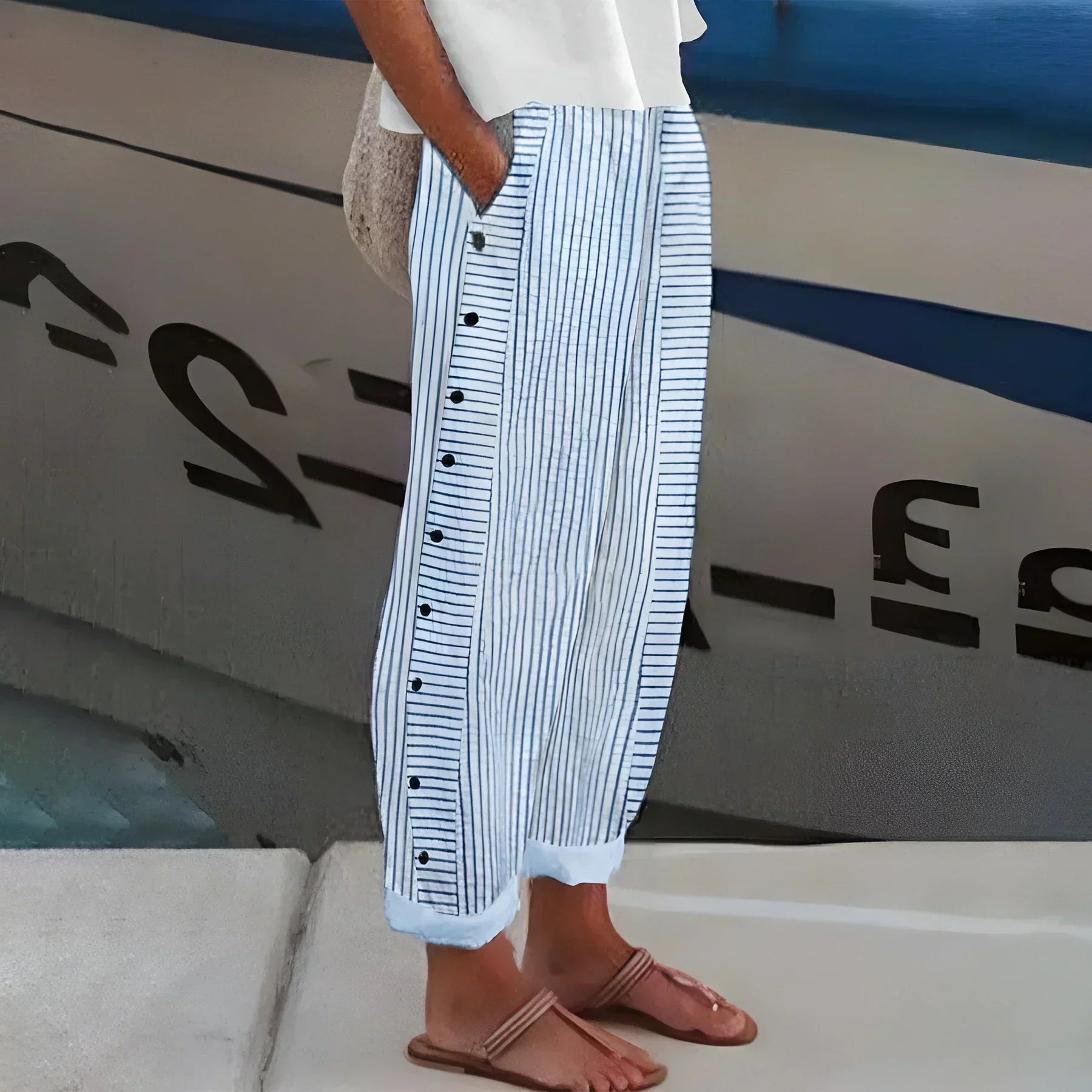 Women's Lightweight Striped Linen-Blend Trousers with Elasticated Waist in Blue, Black & Grey – Relaxed Fit Summer Travel Bottoms for Holiday & Casual Wear | Koossa