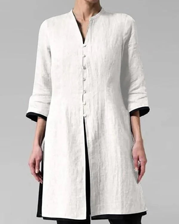 Women's Long-Sleeve Tunic Blouse with Mandarin Collar — Elegant Button-Through Shirt for Office & Casual Wear | Koossa