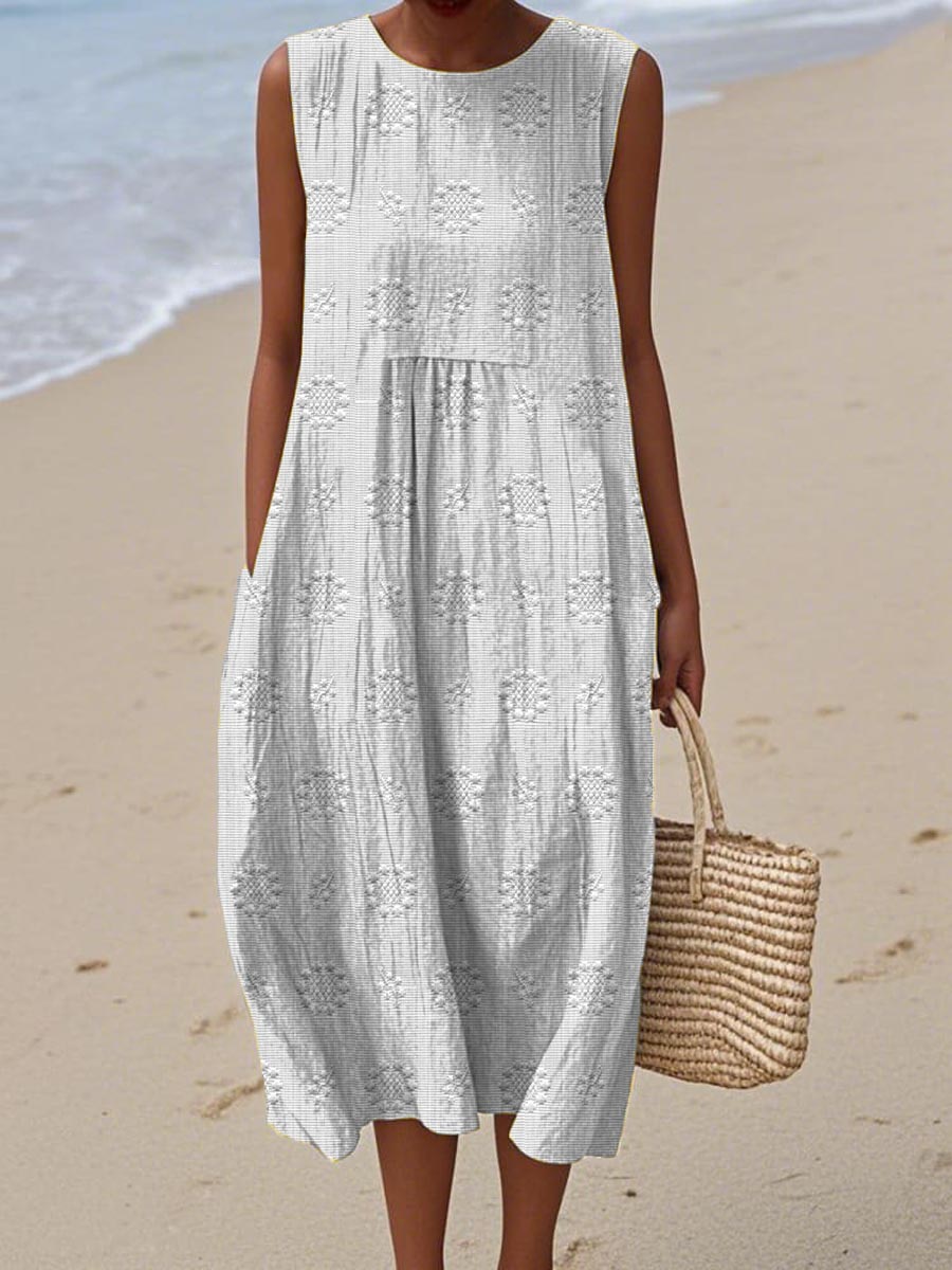 Women's Sleeveless Embroidered Midi Dress with Pockets in Seven Summery Shades | Koossa