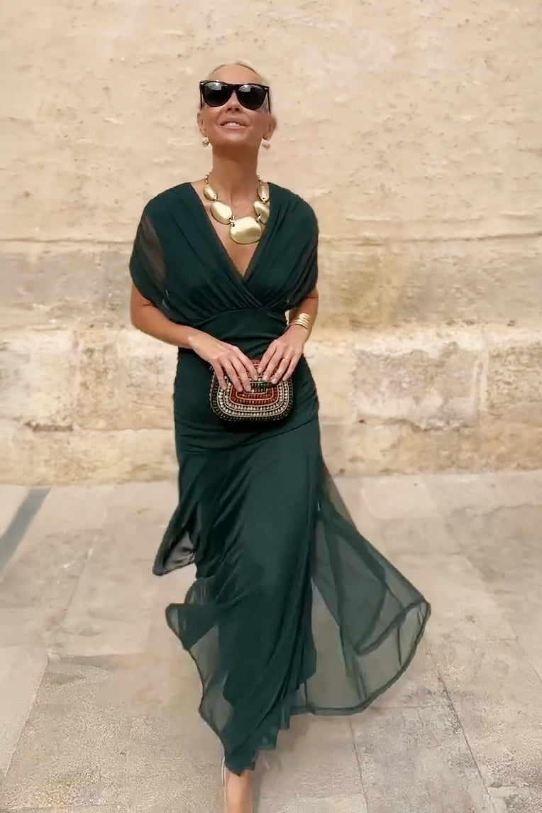 Women's V-Neck Gradient Maxi Dress Emerald Green Multi Colour Pleated Evening Gown Special Occasions Flowing Silhouette Party Formal Occasion Wear | Koossa