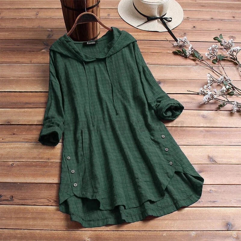 Women's Cotton Hooded Tunic with Button Detail – Relaxed Fit Lightweight Cover-Up for Casual Wear and Coastal Strolls | Koossa