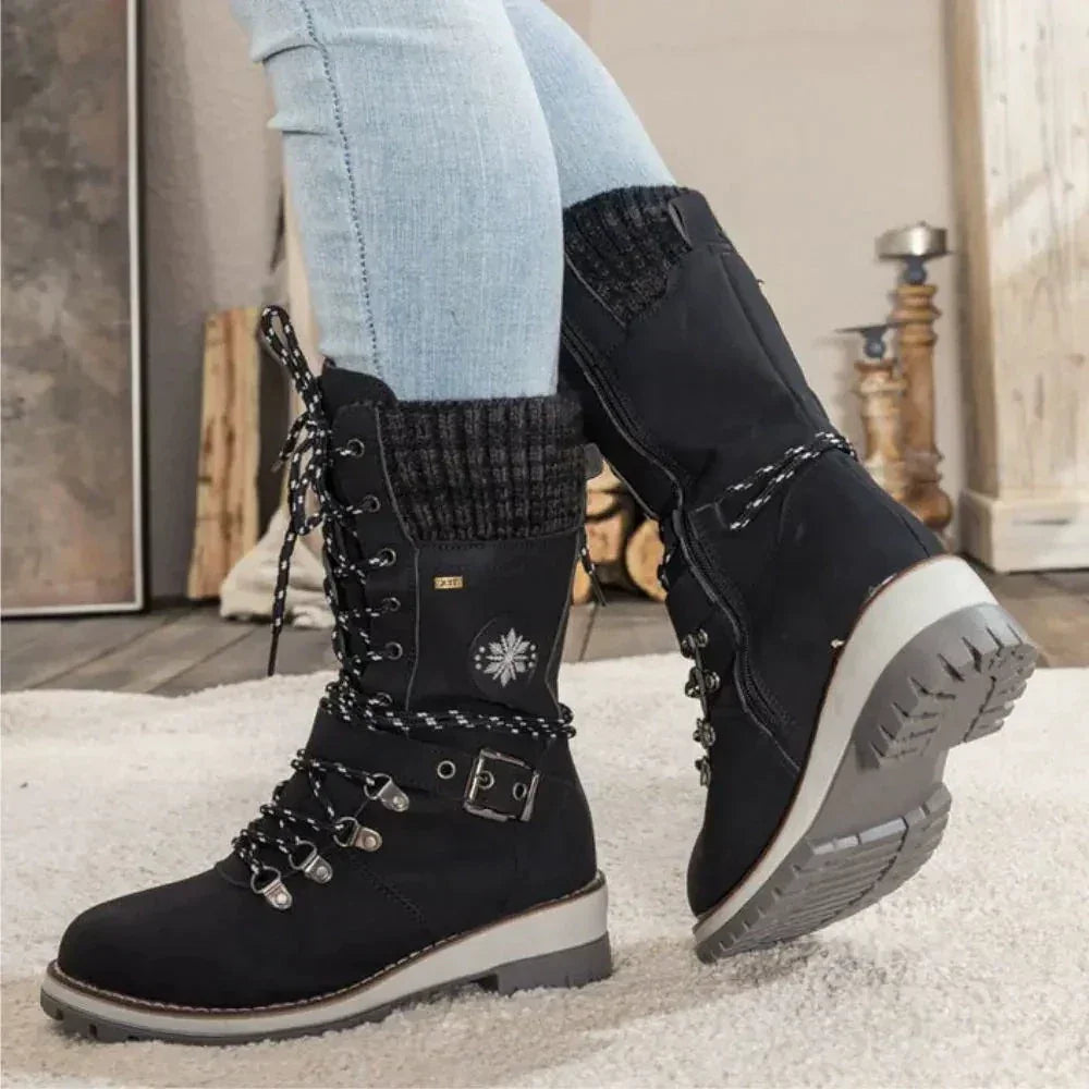 Women's Lace-Up Winter Boots with Knitted Cuff in Black, Grey, Brown | Chunky Anti-Slip Sole for Snow and Ice | Warm Lined Ankle Boots with Buckle Detail | Koossa