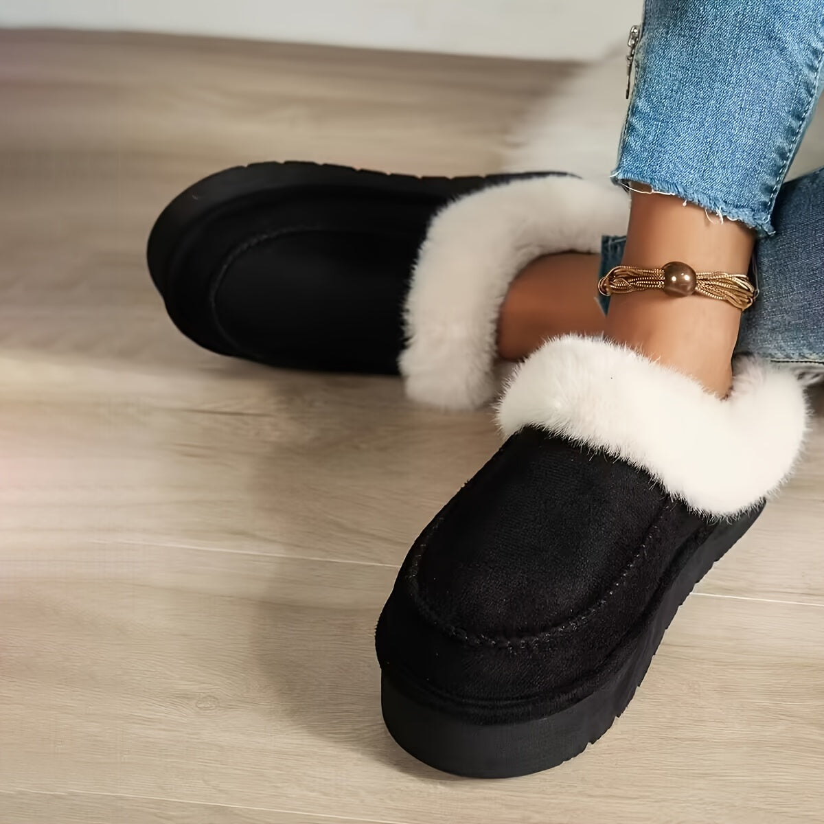 Women's Faux Fur Moccasin Slippers | Warm Indoor Outdoor Footwear in Black Brown Khaki | Cushioned Non-Slip Sole Winter House Shoes | Koossa