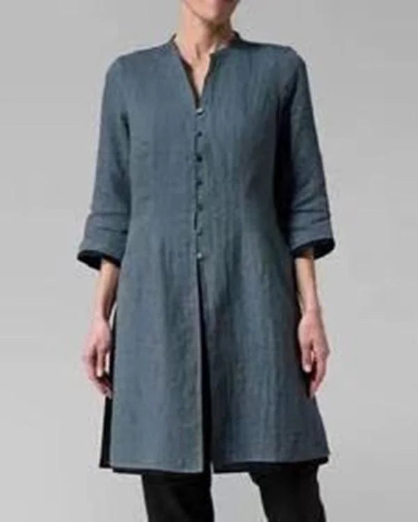 Women's Long-Sleeve Tunic Blouse with Mandarin Collar — Elegant Button-Through Shirt for Office & Casual Wear | Koossa