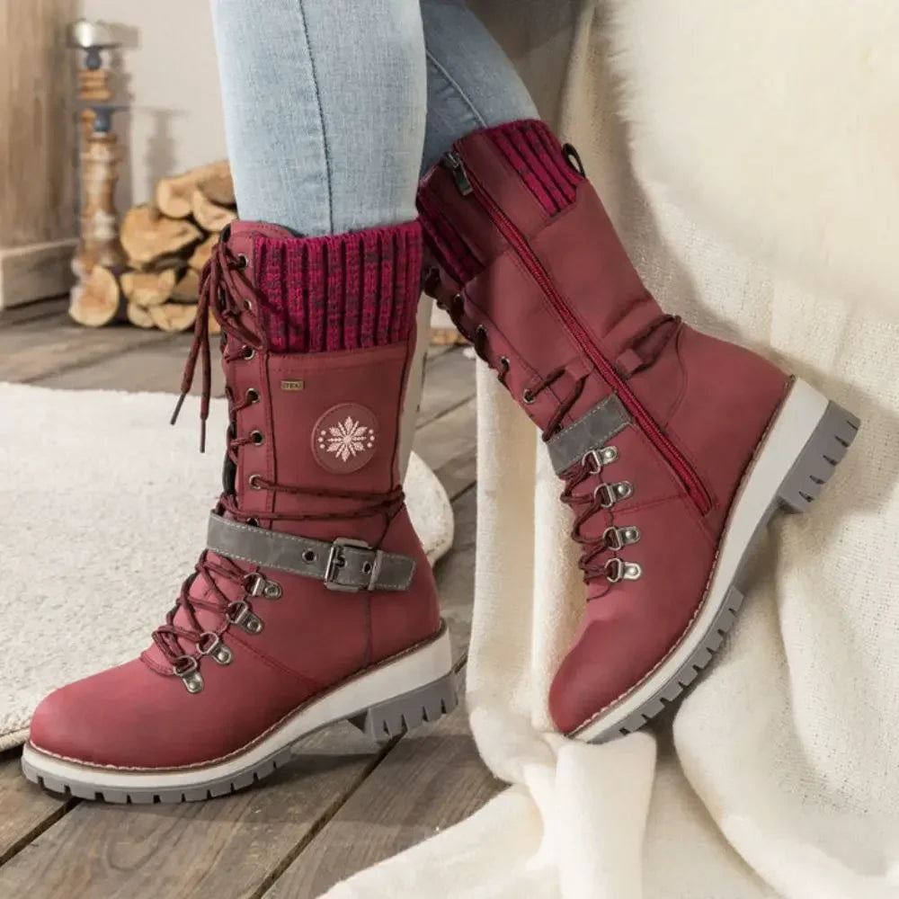 Women's Lace-Up Winter Boots with Knitted Cuff in Black, Grey, Brown | Chunky Anti-Slip Sole for Snow and Ice | Warm Lined Ankle Boots with Buckle Detail | Koossa