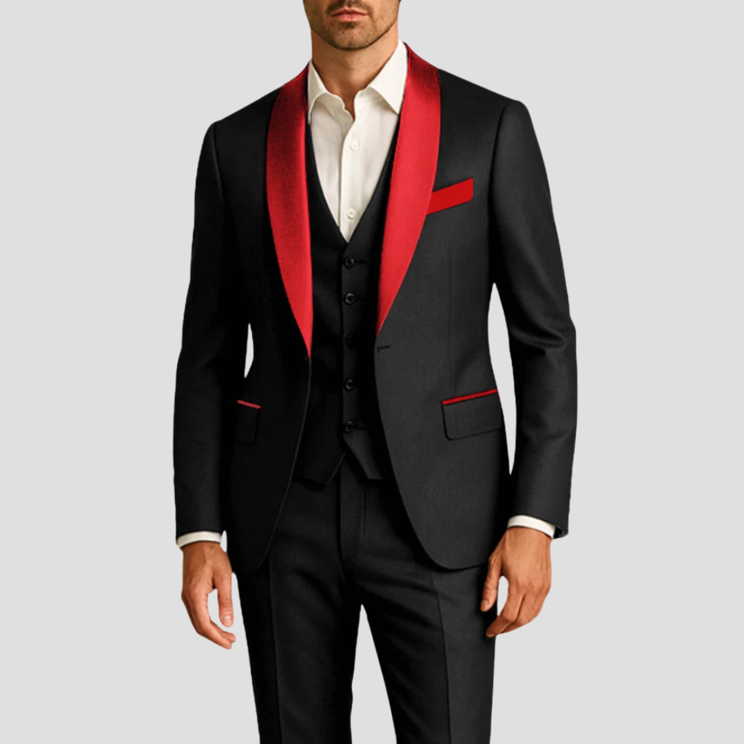Three-Piece Formal Suit Tailored Fit Single-Button Jacket Waistcoat Contrast Lapels Evening Wedding Occasion Menswear | Koossa