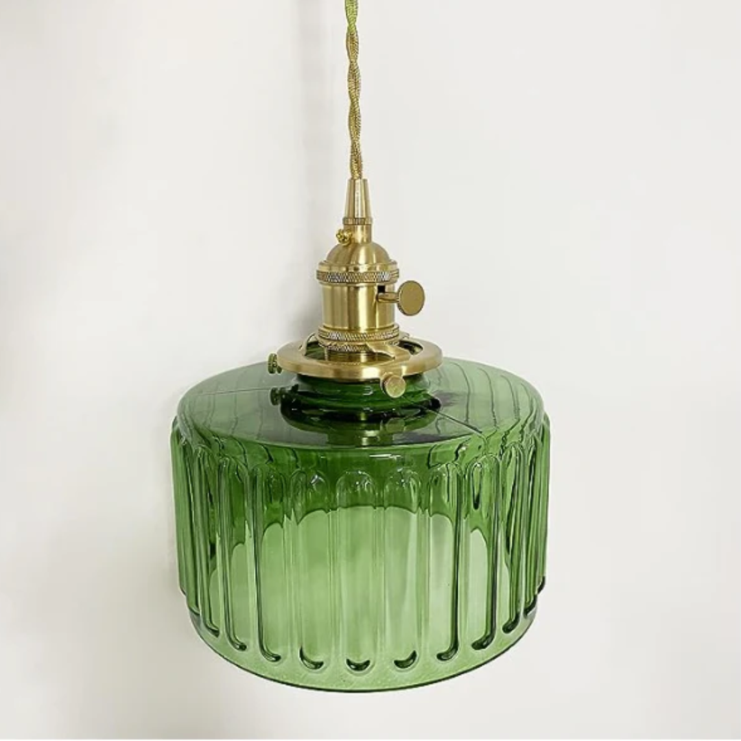 Adjustable Pendant Light with Ribbed Glass Shade, E27 Socket, Green Brass Finish for Kitchen Island, Dining Room & Breakfast Bar | Lonoma