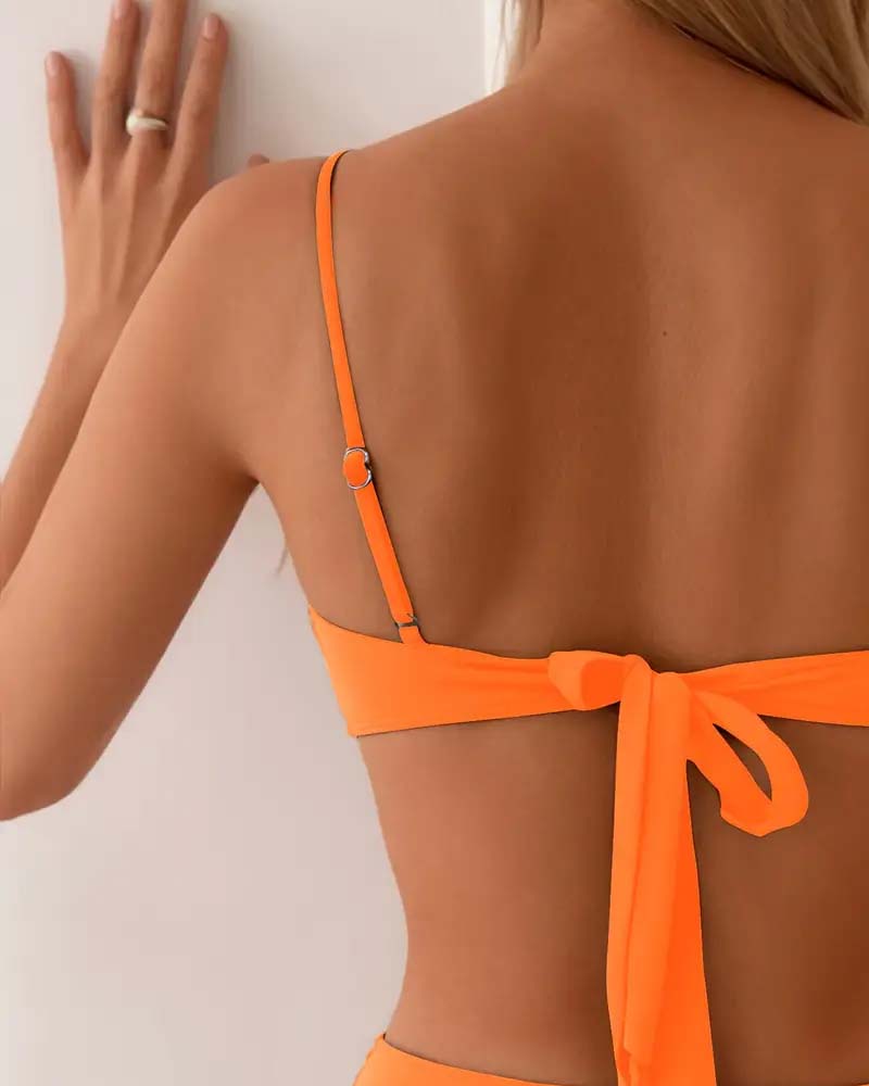 High-Waisted Pleated Two-Piece Bikini with Gold-Tone Hardware in Navy Blue, Orange and Brown for Elegant Beach Holidays, Poolside Lounging and Summer Coastal Getaways | Koossa