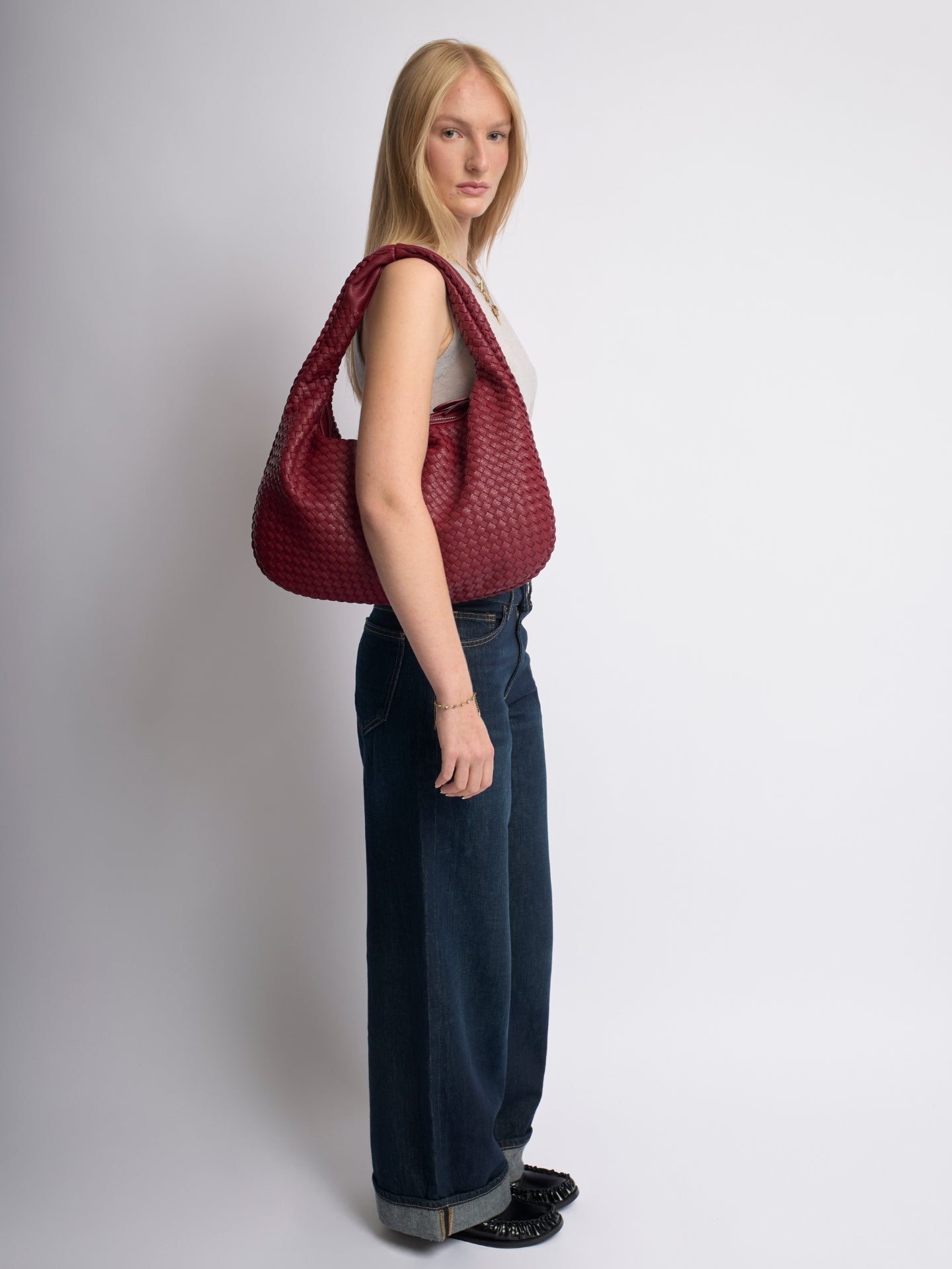 Woven Leather Hobo Bag with Soft Structure in Black, Wine Red, Sage Green & More | Koossa