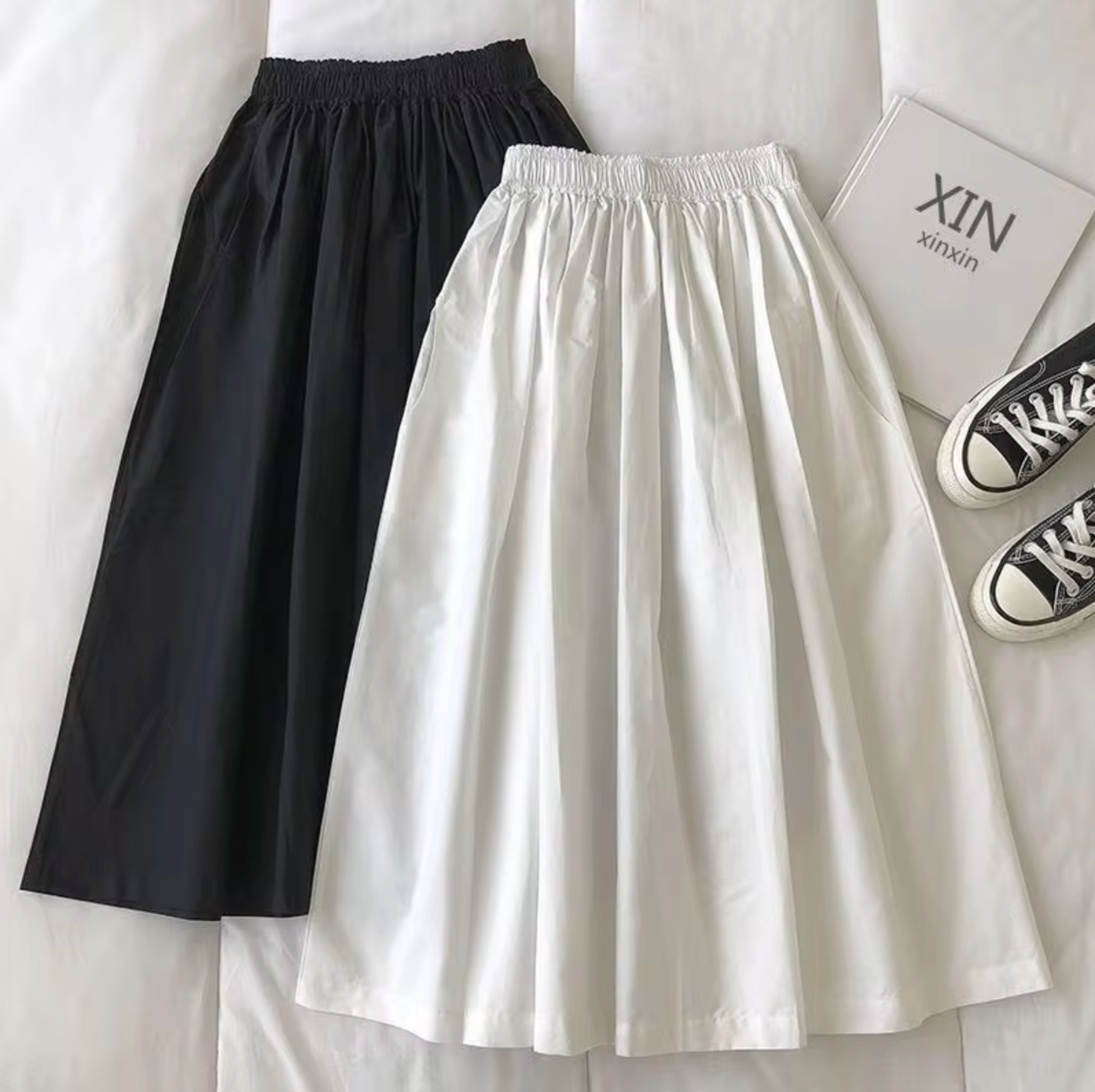 Women's High-Waisted Pleated Midi Skirt in Khaki, Black & Navy — Elegant A-Line Skirt for Work & Occasions | Koossa