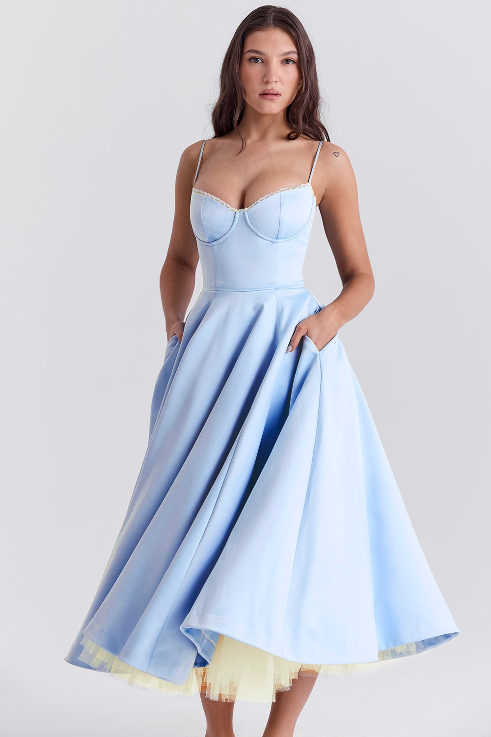 Structured Bustier Midi Dress with Flared Skirt in Blue, Pink, White, Black & Floral for Wedding Guests and Evening Events | Koossa