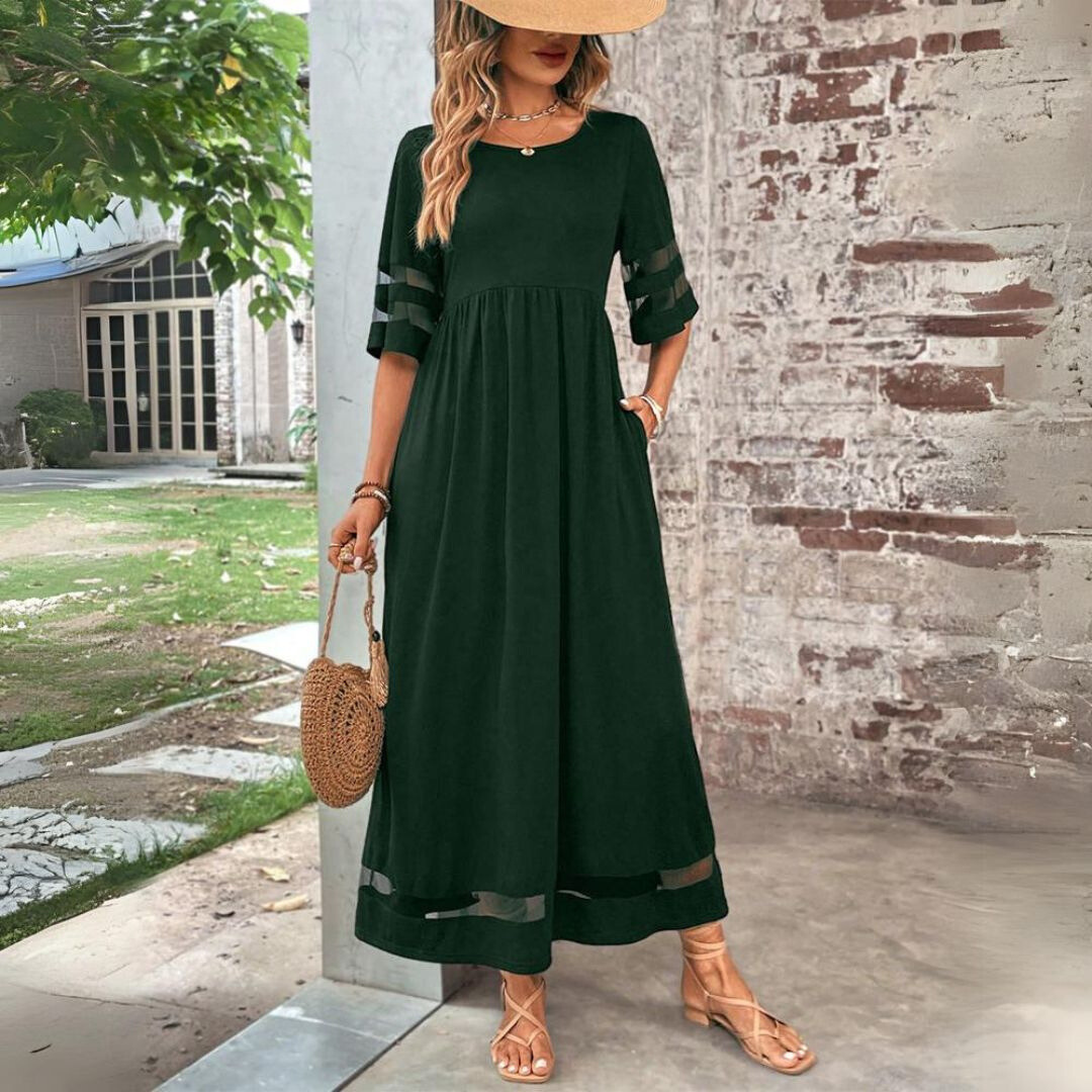 Women's Sheer Sleeve Flowing Maxi Dress in Black, Red & Green | Relaxed Fit A-Line Floor-Length Gown for Special Occasions, Garden Parties & Summer Evenings | Koossa
